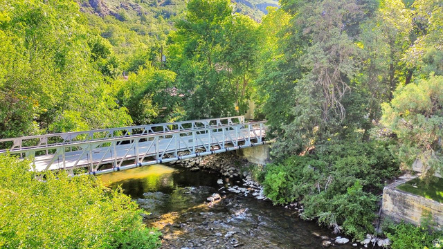 655 Ogden Canyon Road Ogden, UT 84401 - Photo 32 of 50 Pedestrian bridge spanning a rocky river, surrounded by dense green foliage and mature trees