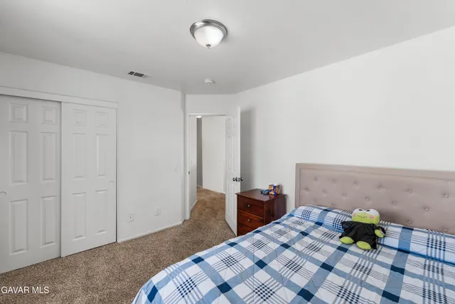 a bedroom with a bed a rug and a shower