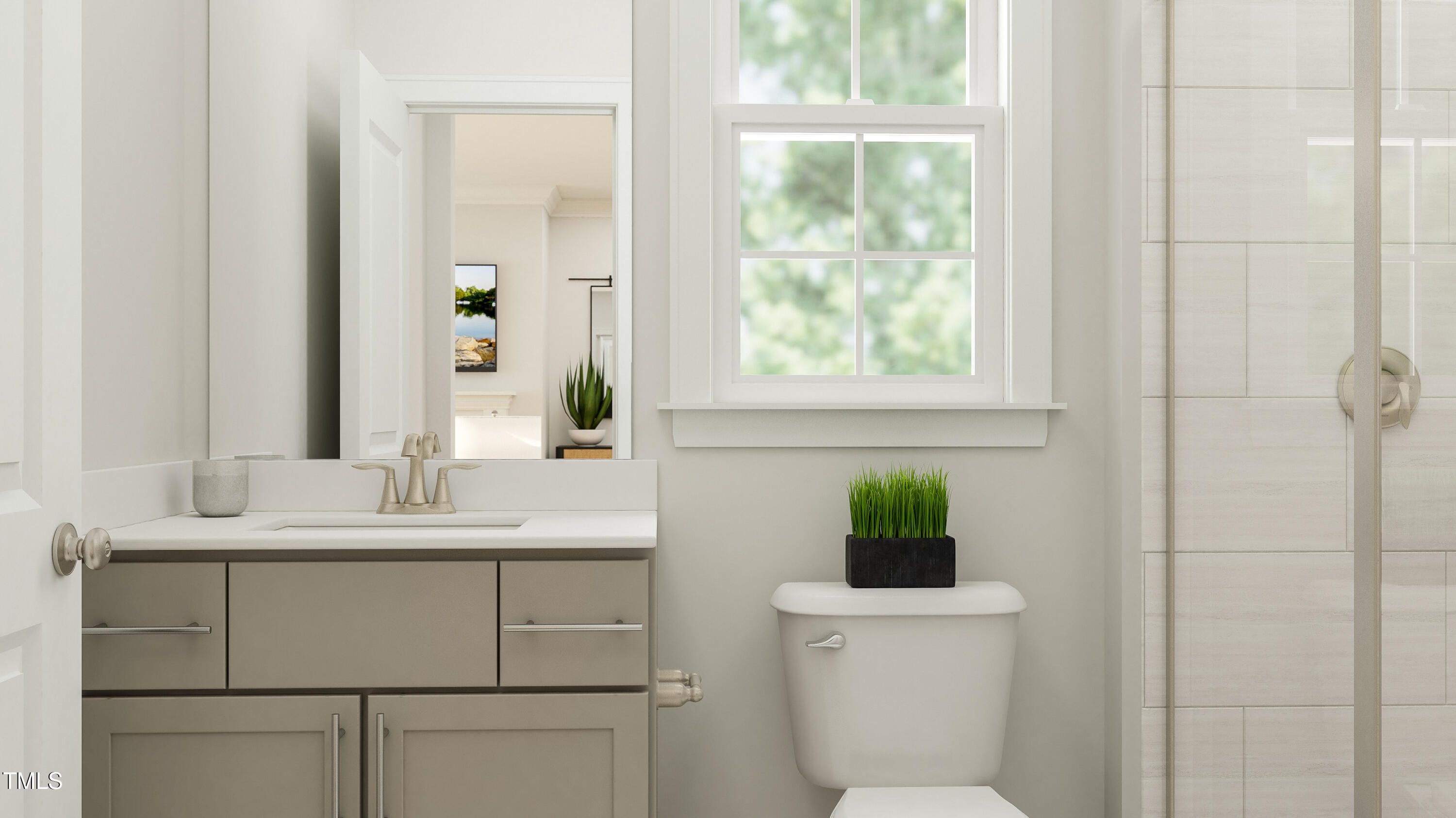 116 Corapeake Way Apex, NC 27539 - Photo 13 of 36 a bathroom with a toilet sink vanity and mirror