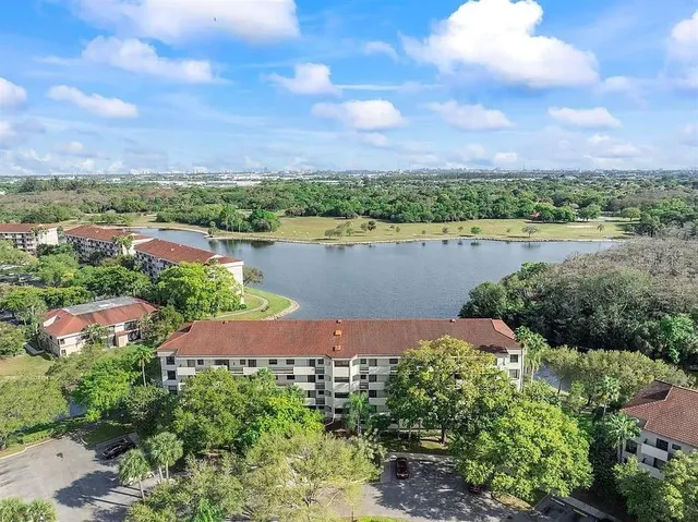 a view of a lake with a city