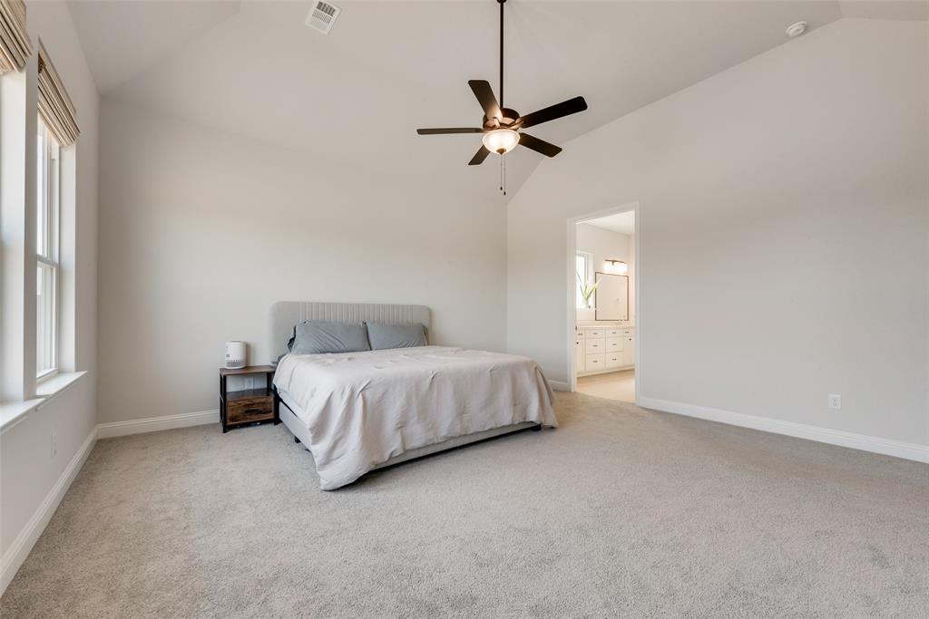 8922 Edna Place Rowlett, TX 75089 - Photo 23 of 37 Carpeted bedroom featuring visible vents, multiple windows, and vaulted ceiling