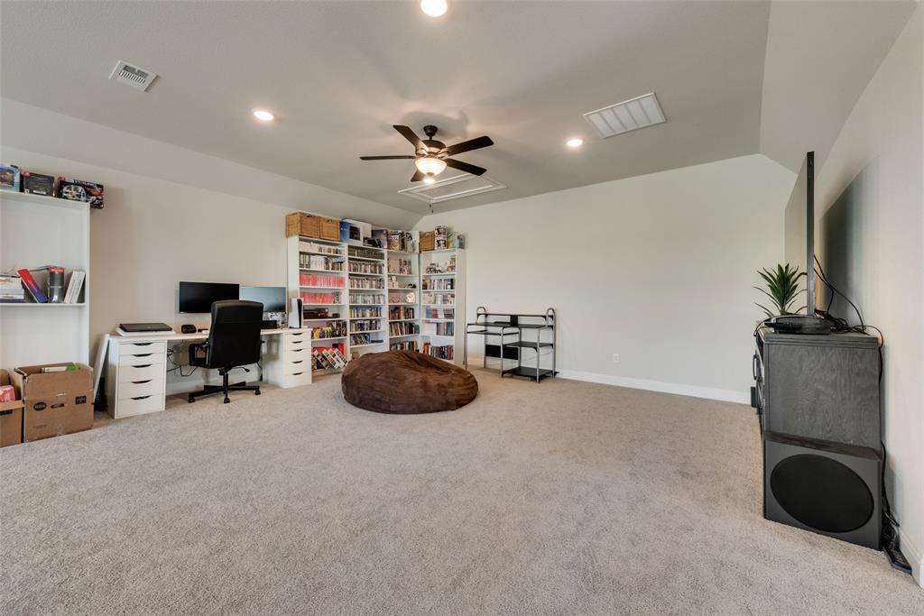 8922 Edna Place Rowlett, TX 75089 - Photo 29 of 37 Home office featuring visible vents, baseboards, carpet flooring, recessed lighting, and a ceiling fan
