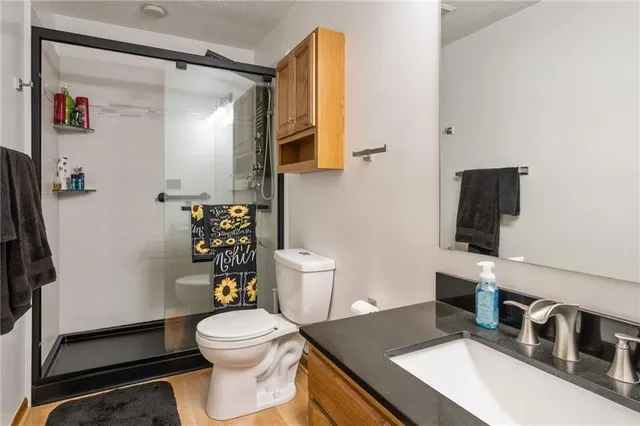 a bathroom with a sink a toilet and a mirror