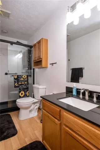 a bathroom with a sink a toilet and mirror