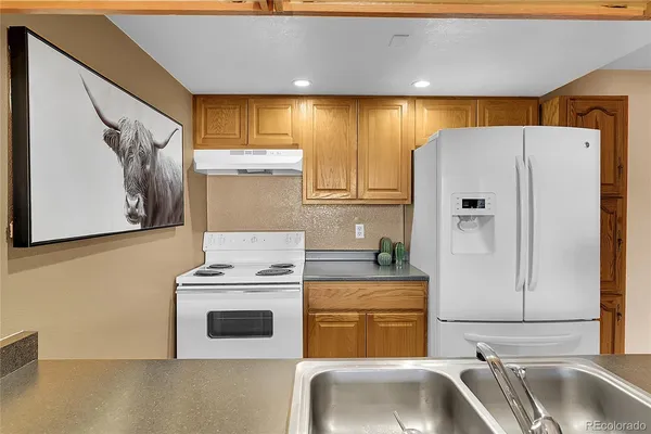 a kitchen with a refrigerator sink and cabinets