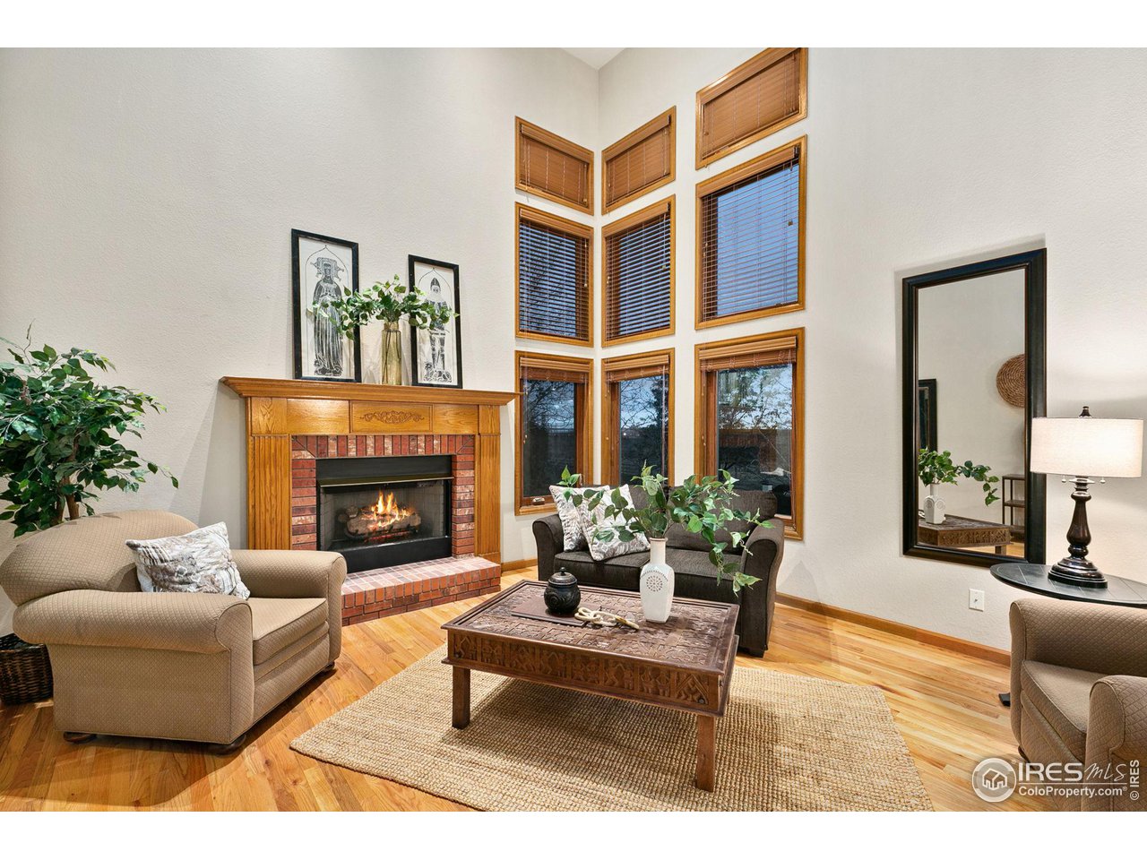 a living room with furniture a potted plant and a fireplace