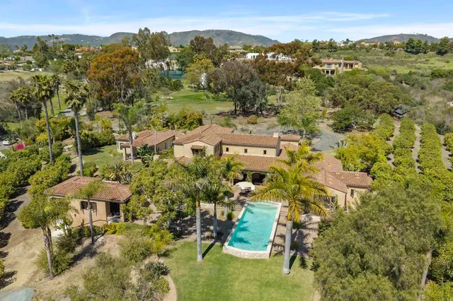 an aerial view of residential houses with outdoor space and trees