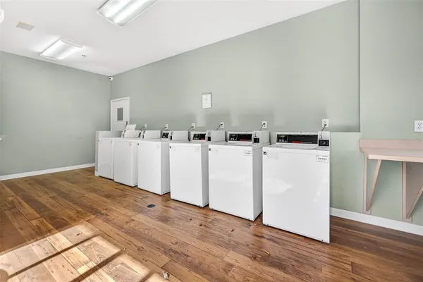 a view of a park with large trees