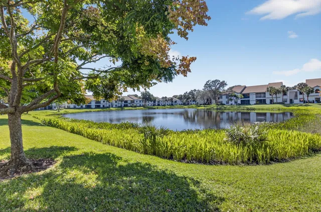 a view of a lake with houses in the back