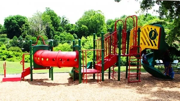 an outdoor space with lots of green space