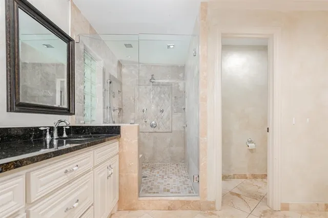 a bathroom with a granite countertop sink a mirror a shower and vanity