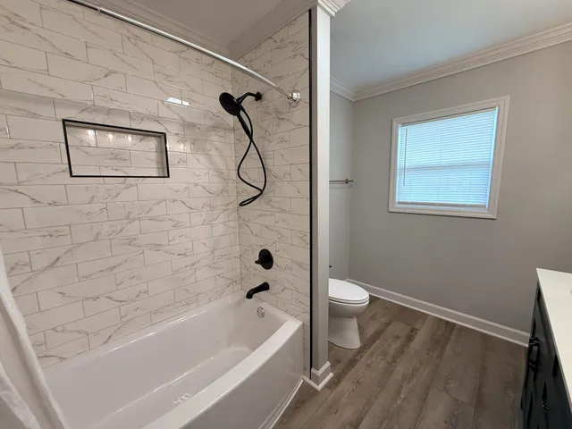 a bath room with a toilet and a bath tub