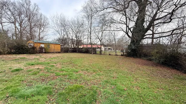 a view of a yard with a house in the background