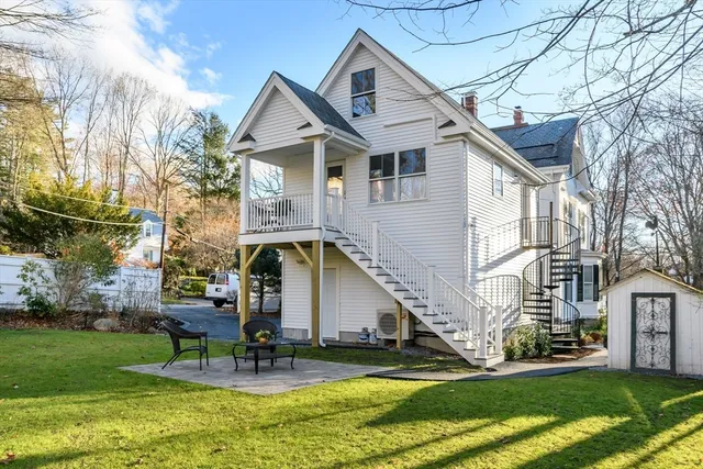 a view of building with wooden stairs