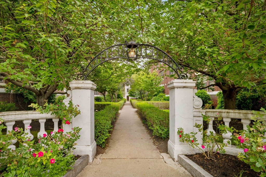 a view of flower garden with wooden fence