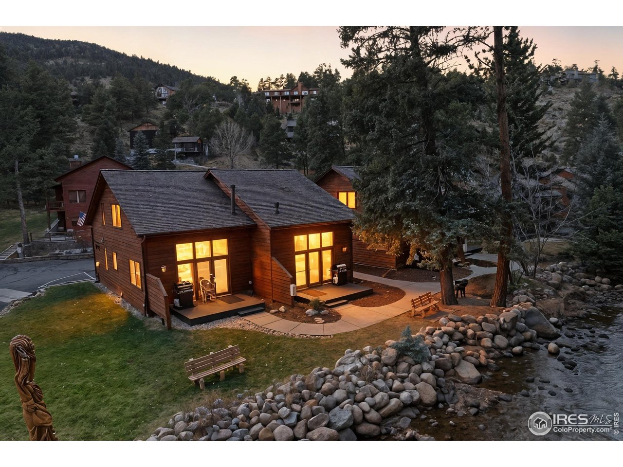 a view of a big yard with potted plants and a large tree