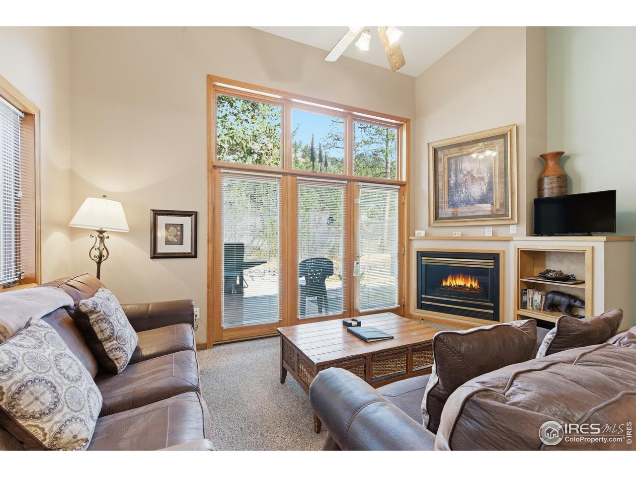 2120 Fall River Road, Unit 2 Estes Park, CO 80517 - Photo 6 of 28 a living room with furniture a fireplace and a flat screen tv