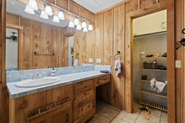 a bathroom with a sink a mirror and a shower