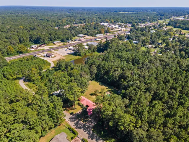 an aerial view of residential house with outdoor space and trees all around