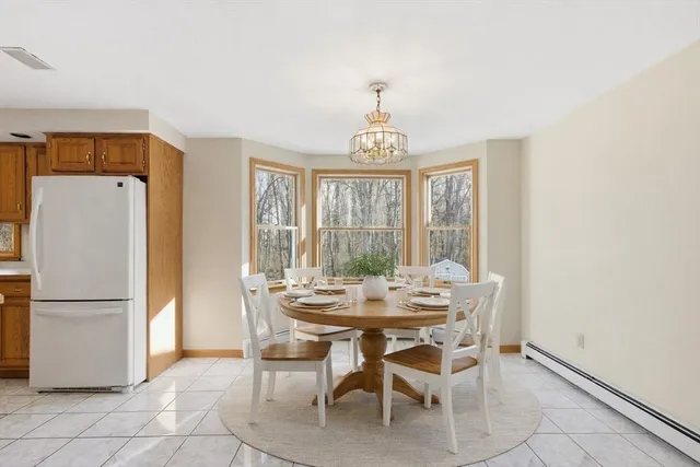 a view of a dining room with furniture window and outside view