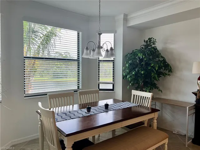 a view of a dining room with furniture and window