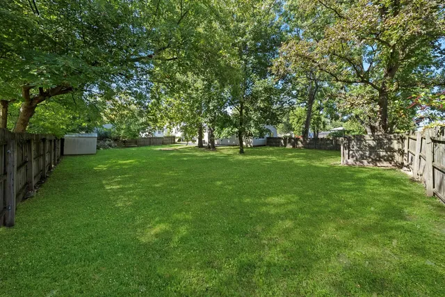 a view of a grassy field with trees