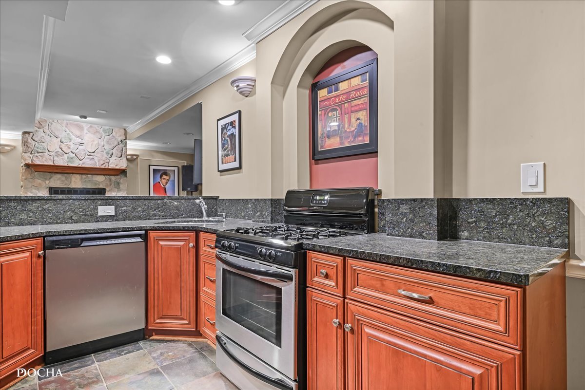 1107 Tuthill Road Naperville, IL 60563 - Photo 41 of 59 a kitchen with stainless steel appliances granite countertop a stove a sink and a microwave