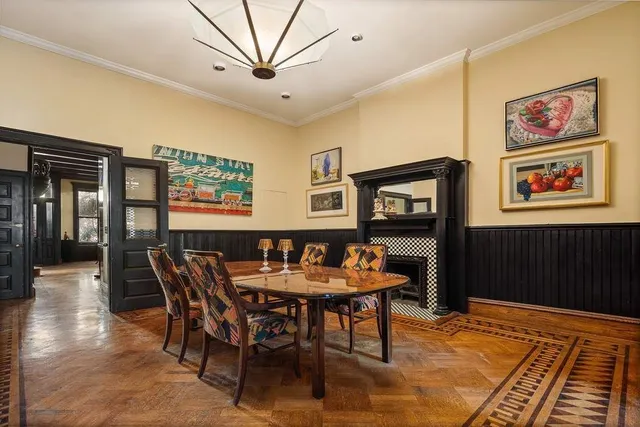 a view of a dining room with furniture