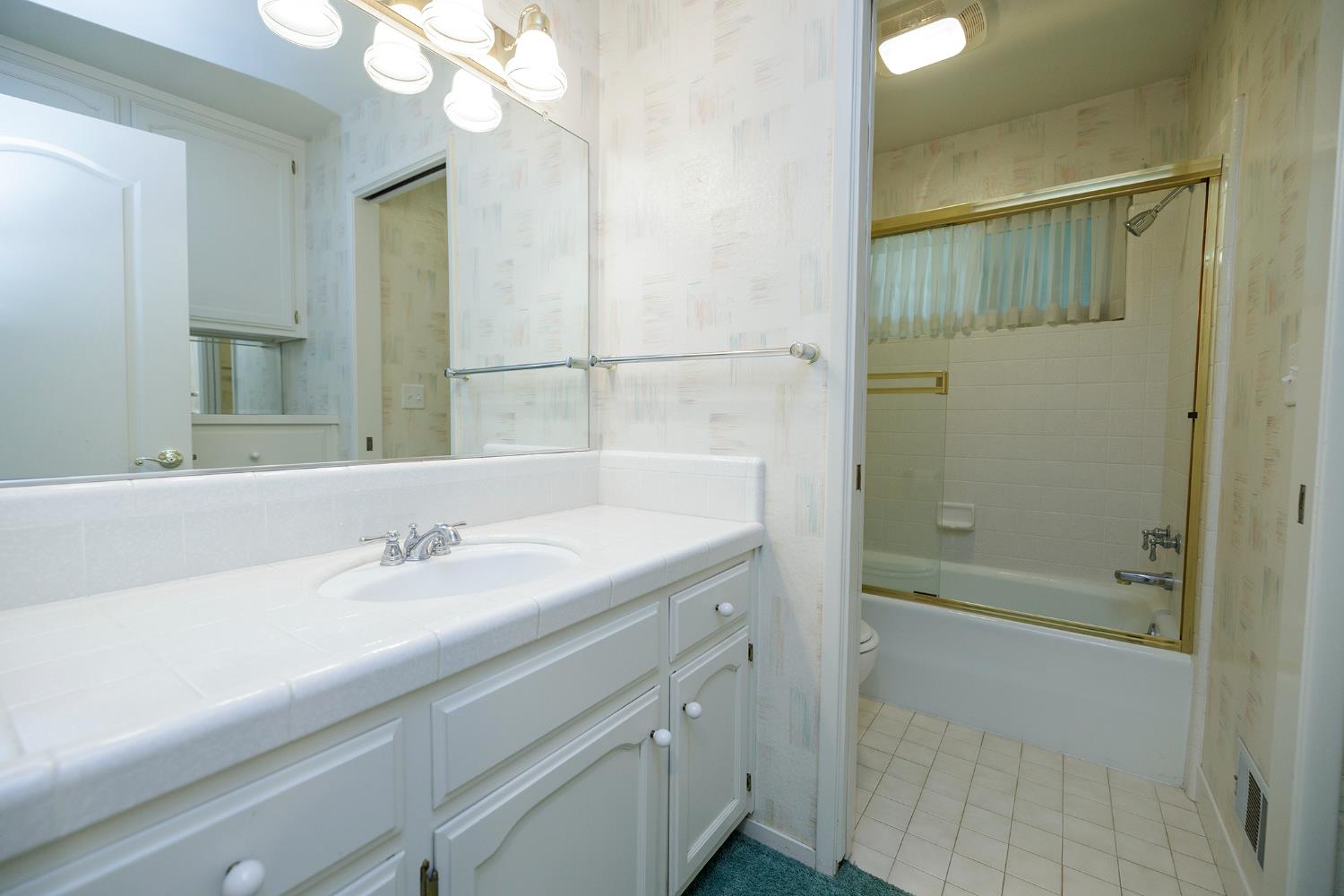 1001 Winsted Lane Modesto, CA 95355 - Photo 27 of 45 a bathroom with a sink a shower and a mirror