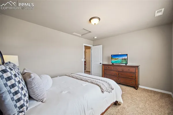 a bedroom with a bed and a television