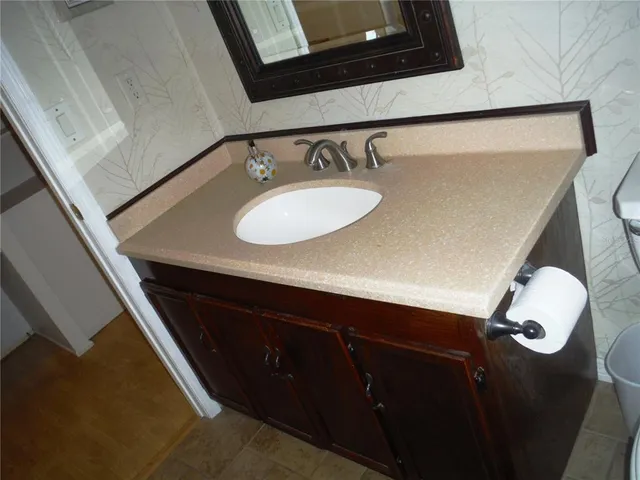 a bathroom with a sink vanity and a mirror