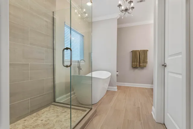 a bathroom with a bathtub and a shower