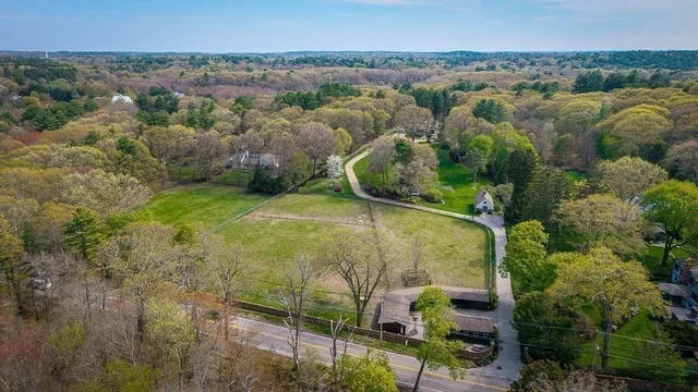 an aerial view of a residential houses with outdoor space and trees