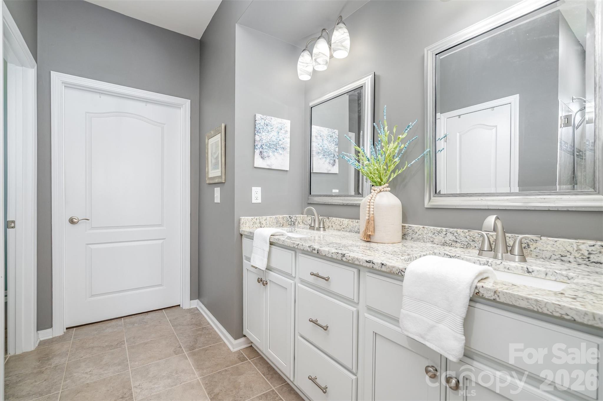 1627 Tranquility Boulevard Lancaster, SC 29720 - Photo 17 of 40 a bathroom with a granite countertop sink a potted plant and a mirror