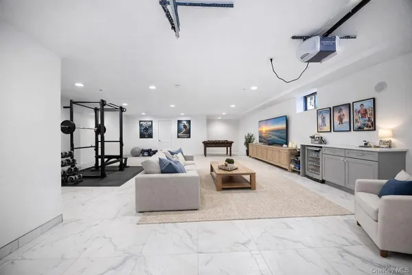 a large room with cabinets