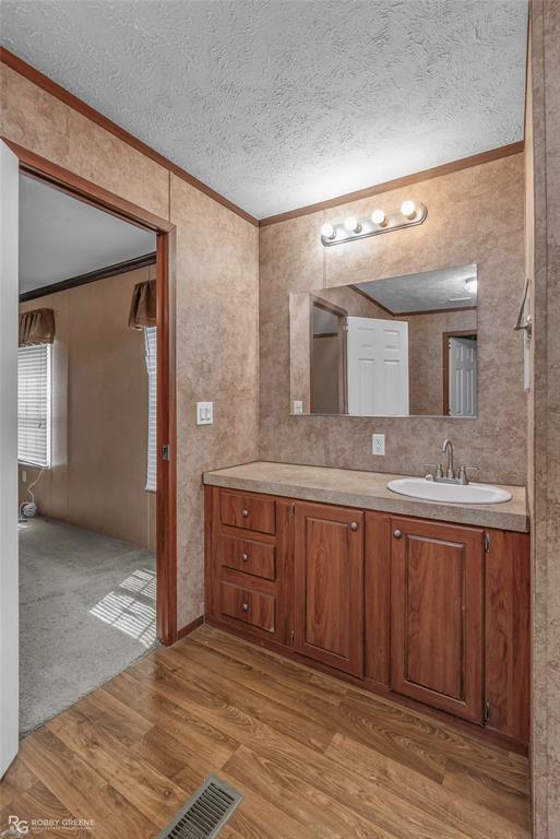 209 Addison Road Mansfield, LA 71052 - Photo 14 of 25 Bathroom with light wood-style floors, vanity, crown molding, and a textured ceiling
