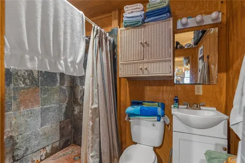 a bathroom with a toilet and a shower