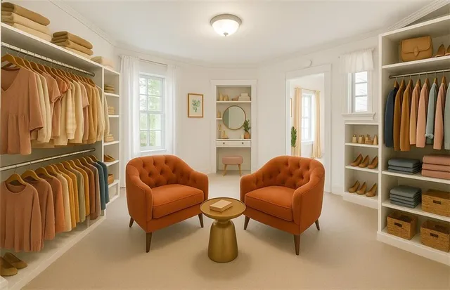 an empty room with closet and windows