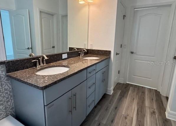 1515 Resolute Street Celebration, FL 34747 - Photo 20 of 39 a bathroom with a granite countertop sink and a mirror