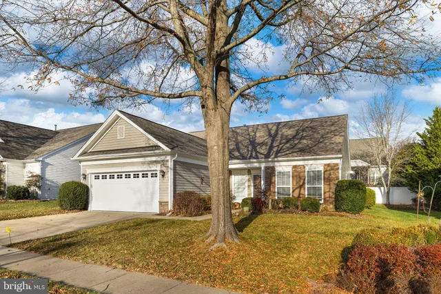 a view of yellow house with a large tree in front of it