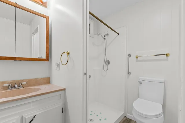 a bathroom with a sink a toilet and shower