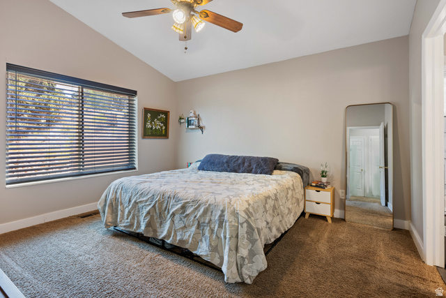 790 East Fiddlers Canyon Road Cedar City, UT 84721 - Photo 11 of 35 Carpeted room featuring a vaulted ceiling and a wood-finish ceiling fan with integrated lighting