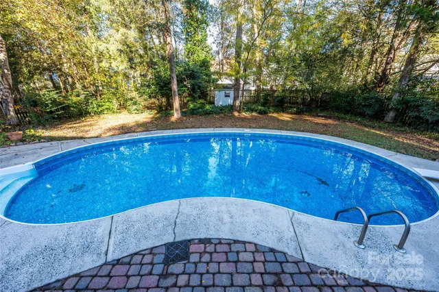 a view of a swimming pool with a patio and fire pit