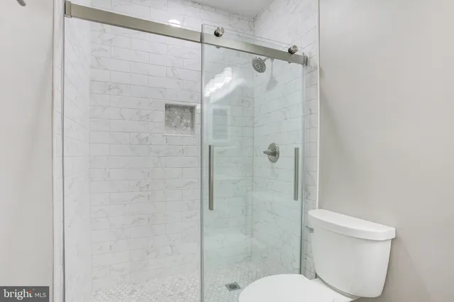 a bathroom with a shower and toilet