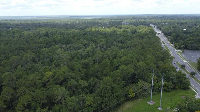 an aerial view of residential houses with outdoor space and trees