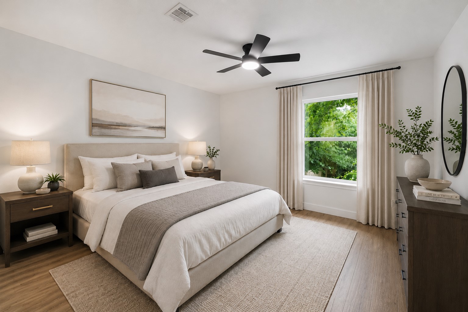 523 Rampart Lane Conroe, TX 77302 - Photo 22 of 41 Bright secondary bedroom with luxury vinyl plank flooring, generous closet space, and serene views of River Plantation's mature landscape. Digitally staged