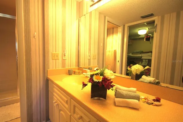 a bathroom with a tub sink and mirror