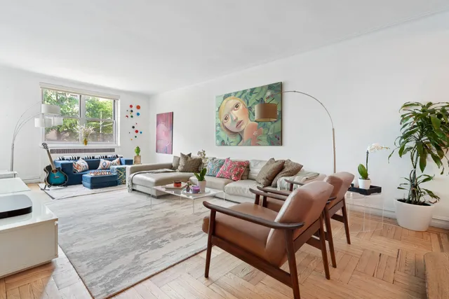 a living room with furniture and a potted plant