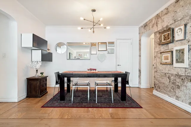 a view of a dining room with furniture