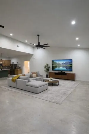 a kitchen with refrigerator and cabinets